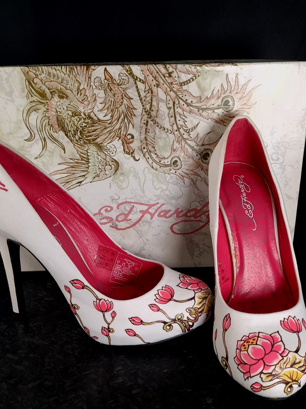 Y2K Vintage Ed Hardy White Pumps with Pink Floral Tattoo Details